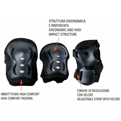 Set Protezioni Ragazzi Nero per Bici Skateboard Pattini Ergonomico
