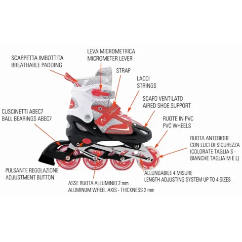 Pattini in Linea Bambini Regolabili 34-37 Rosso con Cuscinetti ABEC 7