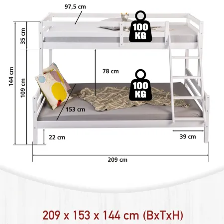 Struttura Letto a Castello 90x200 e 140x200 cm in Legno Bianco