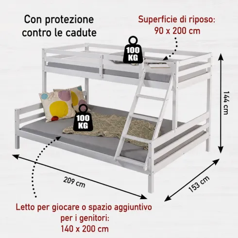 Struttura Letto a Castello 90x200 e 140x200 cm in Legno Bianco