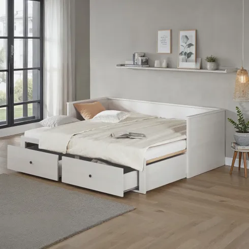 Divano Letto Singolo 90x200 cm in Legno Bianco con 2 Cassetti