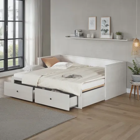 Divano Letto Singolo 90x200 cm in Legno Bianco con 2 Cassetti