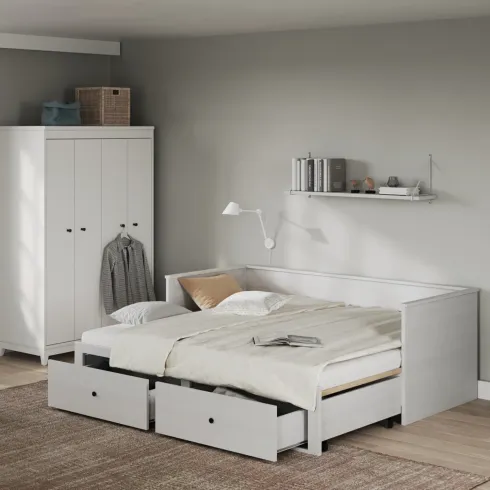Divano Letto Singolo 90x200 cm in Legno Bianco con 2 Cassetti