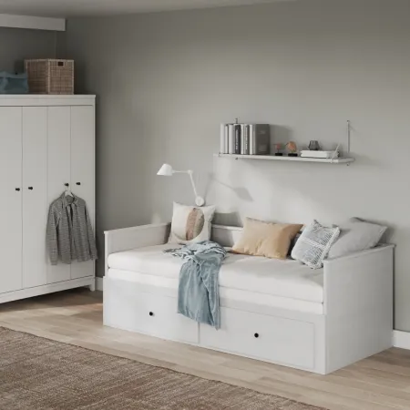 Divano Letto Singolo 90x200 cm in Legno Bianco con 2 Cassetti