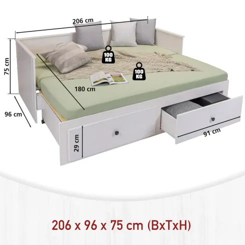 Divano Letto Singolo 90x200 cm in Legno Bianco con 2 Cassetti