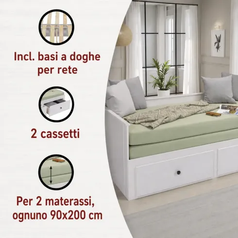 Divano Letto Singolo 90x200 cm in Legno Bianco con 2 Cassetti