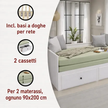 Divano Letto Singolo 90x200 cm in Legno Bianco con 2 Cassetti