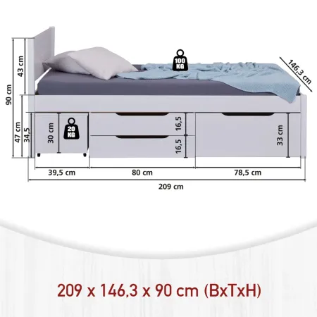 Letto alla Francese 140x200 cm in Legno Bianco con Cassetti Comodino