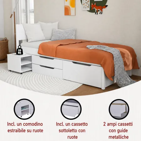 Letto alla Francese 140x200 cm in Legno Bianco con Cassetti Comodino