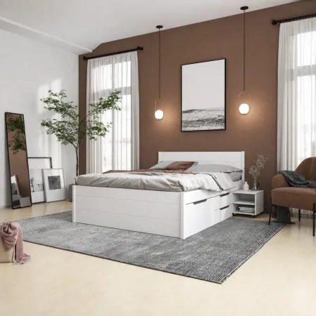 Letto Matrimoniale 180x200 cm in Pino Bianco con Cassetti Comodini