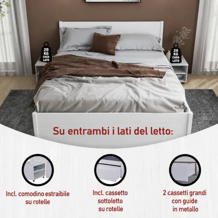 Letto Matrimoniale 180x200 cm in Pino Bianco con Cassetti Comodini