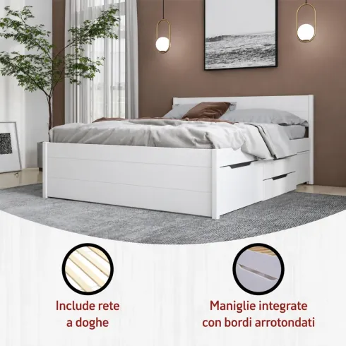 Letto Matrimoniale 180x200 cm in Pino Bianco con Cassetti Comodini