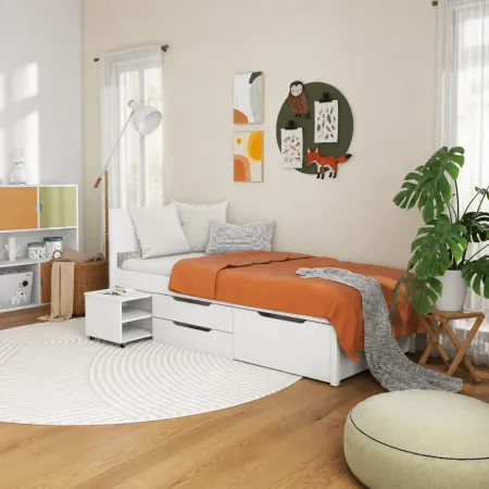 Letto Singolo 90x200 cm in Legno Bianco Cassetti Comodino Estraibili