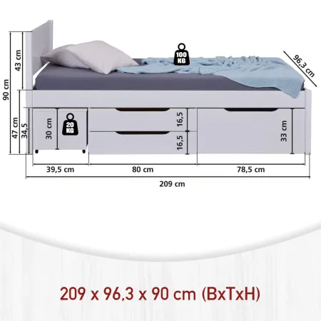 Letto Singolo 90x200 cm in Legno Bianco Cassetti Comodino Estraibili