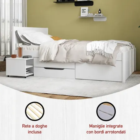 Letto Singolo 90x200 cm in Legno Bianco Cassetti Comodino Estraibili