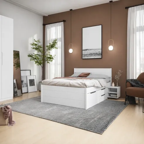 Letto Matrimoniale 160x200 cm Legno Bianco con Rete Cassetti Comodini