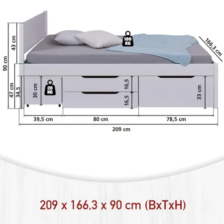 Letto Matrimoniale 160x200 cm Legno Bianco con Rete Cassetti Comodini