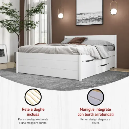 Letto Matrimoniale 160x200 cm Legno Bianco con Rete Cassetti Comodini