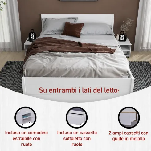 Letto Matrimoniale 160x200 cm Legno Bianco con Rete Cassetti Comodini