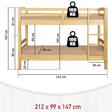 Letto a Castello 90x200 cm Legno Massello Naturale con 2 Reti Singole
