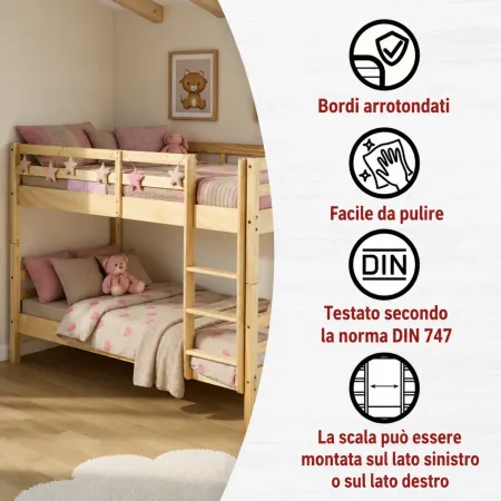 Letto a Castello 90x200 cm Legno Massello Naturale con 2 Reti Singole