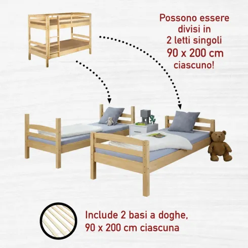 Letto a Castello 90x200 cm Legno Massello Naturale con 2 Reti Singole