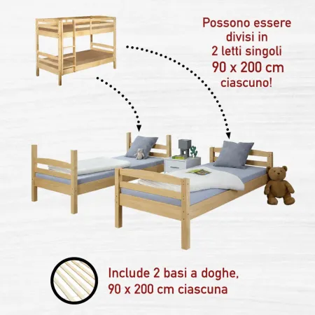 Letto a Castello 90x200 cm Legno Massello Naturale con 2 Reti Singole