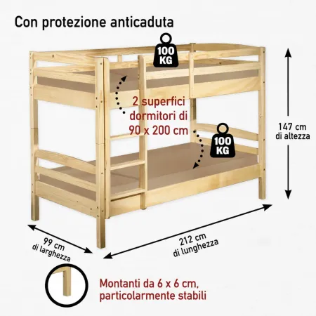 Letto a Castello 90x200 cm Legno Massello Naturale con 2 Reti Singole