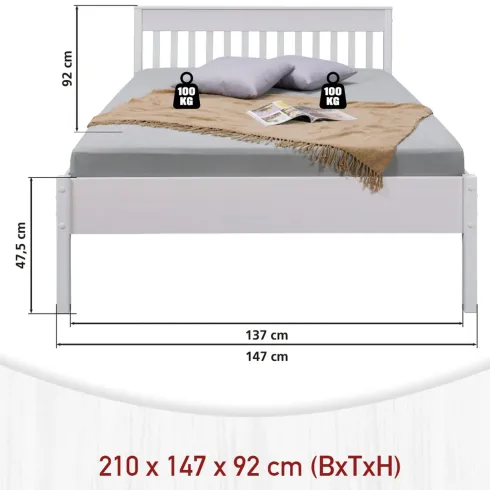 Letto alla Francese 140x200 cm in Pino Massello Bianco con Testiera