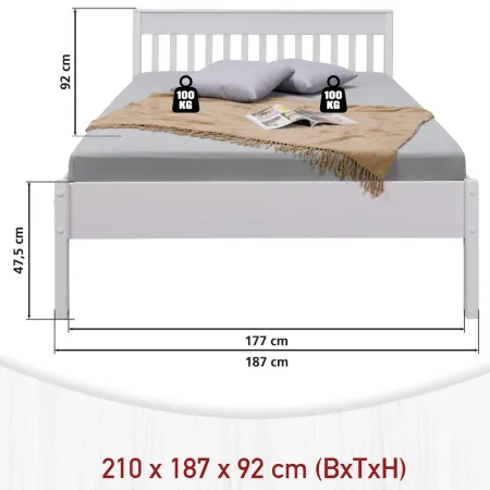 Letto Matrimoniale 180x200 cm in Pino Massello Bianco con Testiera
