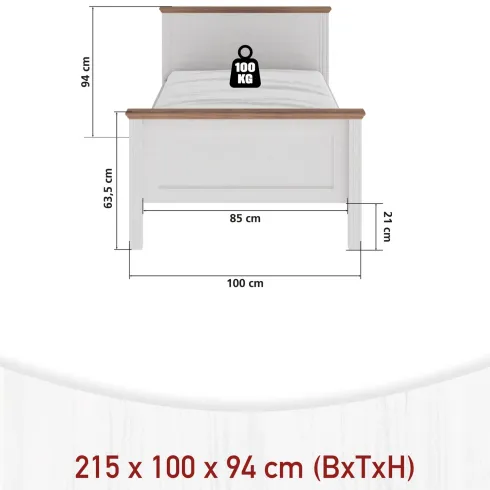 Struttura Letto Singolo 90x200 cm in Pino Massello Bianco Rovere