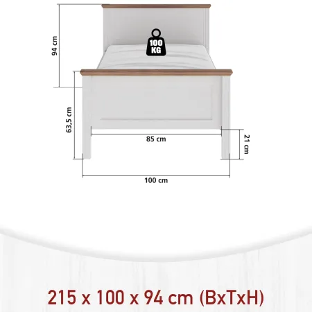 Struttura Letto Singolo 90x200 cm in Pino Massello Bianco Rovere
