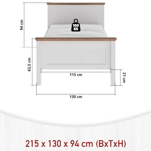 Letto Una Piazza e Mezza 120x200 cm in Pino Massello Bianco Rovere