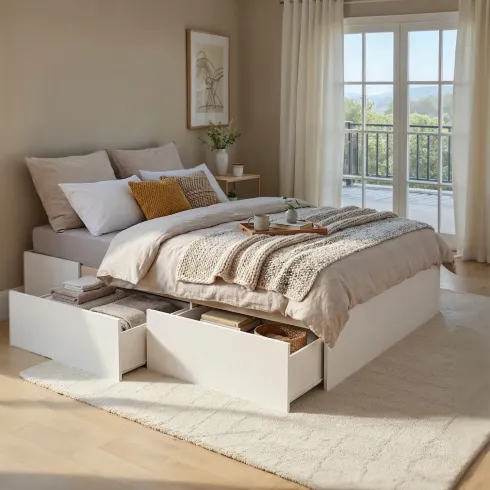 Letto alla Francese 140x200 cm Bianco con 4 Cassetti Rete a Doghe