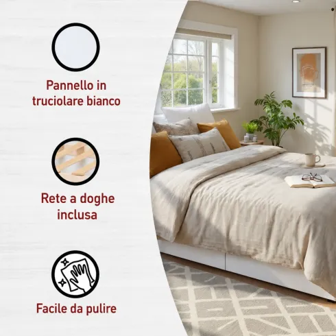 Letto alla Francese 140x200 cm Bianco con 4 Cassetti Rete a Doghe