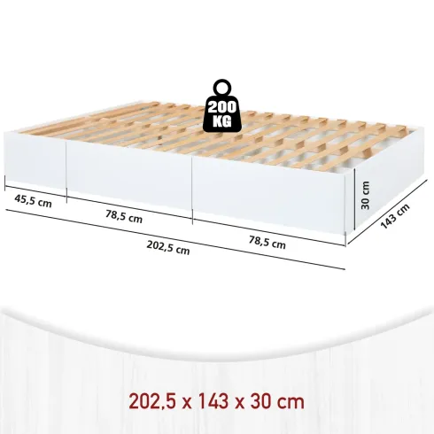 Letto alla Francese 140x200 cm Bianco con 4 Cassetti Rete a Doghe