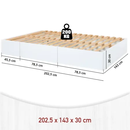Letto alla Francese 140x200 cm Bianco con 4 Cassetti Rete a Doghe