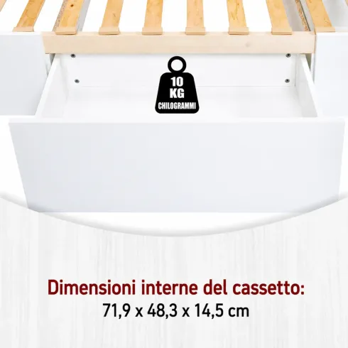 Letto alla Francese 140x200 cm Bianco con 4 Cassetti Rete a Doghe