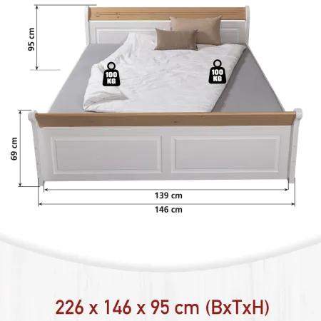 Letto alla Francese 140x200 Pino Massello Bianco Rovere con Cassetto