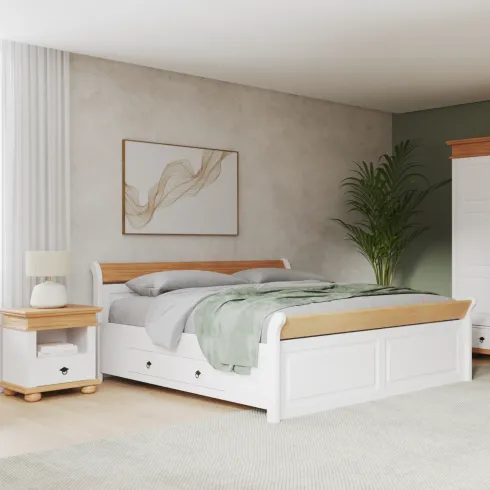 Letto alla Francese 180x200 Pino Massello Bianco Rovere con Cassetto