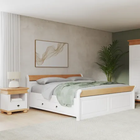 Letto alla Francese 180x200 Pino Massello Bianco Rovere con Cassetto