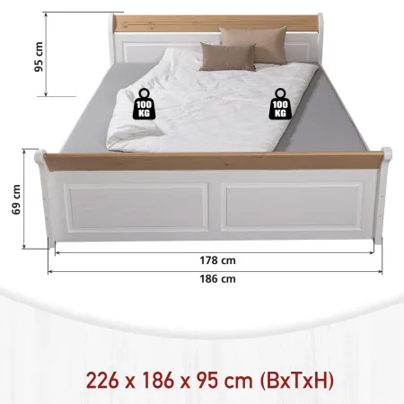 Letto alla Francese 180x200 Pino Massello Bianco Rovere con Cassetto