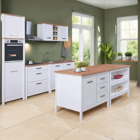 Tavolo Bar da Cucina Bianco Rovere Isola con Anta Cassetti Soft-Close