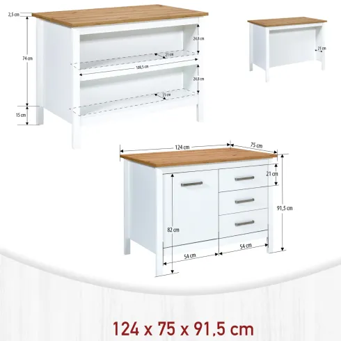 Tavolo Bar da Cucina Bianco Rovere Isola con Anta Cassetti Soft-Close