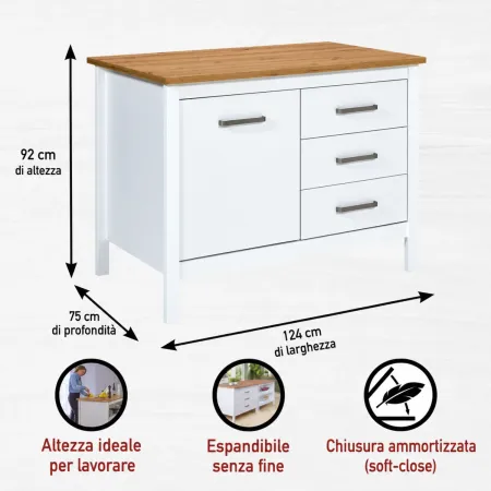 Tavolo Bar da Cucina Bianco Rovere Isola con Anta Cassetti Soft-Close