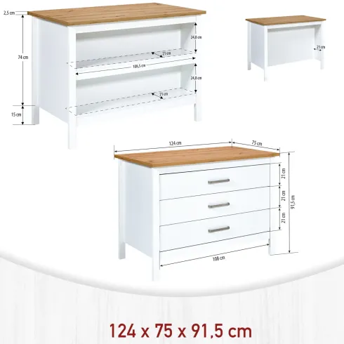 Isola da Cucina Bianco Rovere Tavolo Bar con 3 Cassetti Soft-Close
