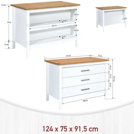 Isola da Cucina Bianco Rovere Tavolo Bar con 3 Cassetti Soft-Close