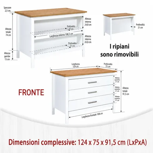 Isola da Cucina Bianco Rovere Tavolo Bar con 3 Cassetti Soft-Close