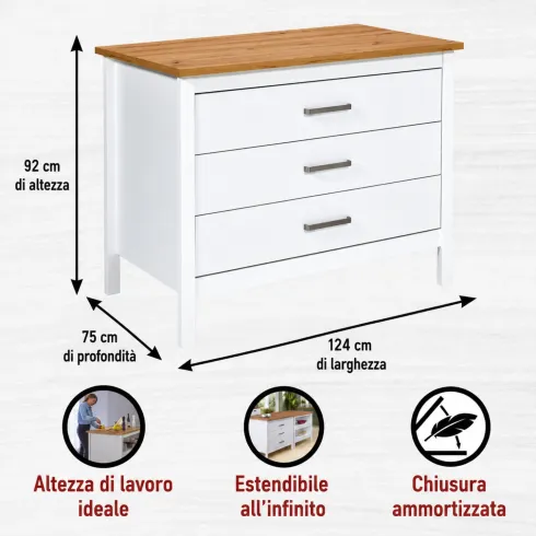 Isola da Cucina Bianco Rovere Tavolo Bar con 3 Cassetti Soft-Close