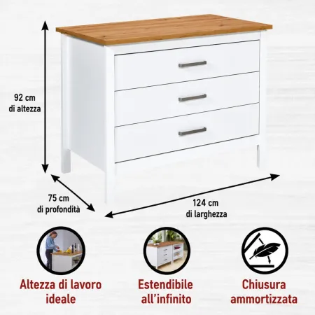 Isola da Cucina Bianco Rovere Tavolo Bar con 3 Cassetti Soft-Close